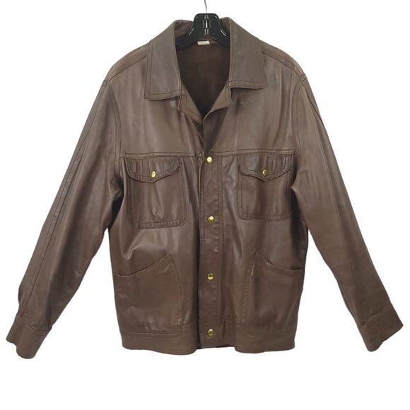 Vintage Brown Leather Snap Front Jacket Men L Made in England Flap Slash Pockets - Picture 1 of 16